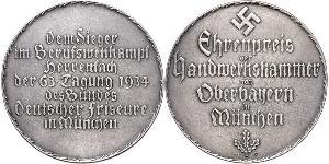 Medaillen Münchner Medailleure Olofs, Max Silbergussmedaille 1934. Ehrenpreis der Handwerkskammer für den Sieger im Berufswettkampf des Bundes Deutscher Friseure. Beiderseits Schrift. 96,5 mm, 15 ...