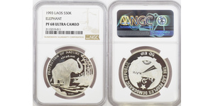  
  
 1993, Laos. Proof Silver 50 Kip 