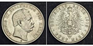  
 
   1875, Hesse-Darmstadt (Grand Duchy), Enest Louis. Large Silver 5 Mark Coin. R!   Mint Date: 1875  Denomination: 5 Mark.   Mintage: 148,035 pcs.   Reference: Jaeger 67, KM-353 ($100 in F /  ...