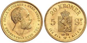 1875,NORWEGEN. Oskar II. 1872-1905. 20 Kroner 1875, Kongsberg. 8.95 g. Schl. 2. Fr. 15. FDC / Uncirculated. (~€ 525/USD 605)