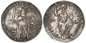 Schweden, Karl IX. Salvatortaler 1610, Stockholm. Der geharnischte König in ganzer Figur mit Schwert und Reichsapfel nach links gewandt, zu seinen Füßen die Wappen von Schweden, Wasa und Gotland, ...
