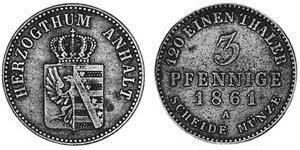 3 Pfennig Anhalt-Bernburg (1603 - 1863) Copper Alexander Karl, Duke of Anhalt-Bernburg (1805 – 1863)