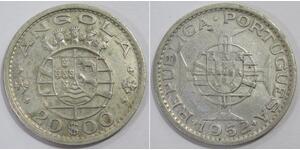 ANGOLA 1952 $20 ESCUDOS PORTUGUESE REPUBLIC CROWNED GLOBE SILVER COIN ?????