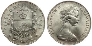 Bahamas - 5 Dollars 1966 - Elizabeth II - Silver