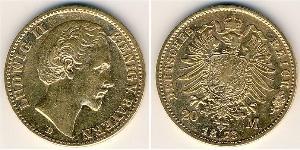 Бавария
20 марок (1873 г.)
Золото
D. Отто. Номер по Краузе КМ#513, 900-я проба, 7,965 г.
