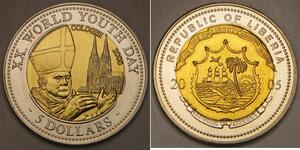 LIBERIA 5 Dollars 2005 - Bi Metallic - XX. World Youth Day Cologne - UNC - 764 *