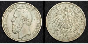  
  1895, Baden (Grand Duchy), Frederick I. Large Silver 5 Mark Coin. Tooled F-VF!  Mint Year: 1876 Reference: KM-268. Denomination: 5 Mark   Mint Place: Baden (G) Condition: Tooled/smoothed surf ...
