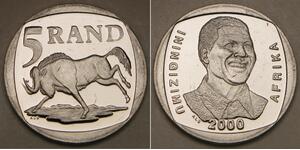 SOUTH AFRICA 5 Rand 2000 - Nickel plated Steel - Nelson Mandela - aUNC - 695*