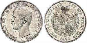Reuss-ältere Linie zu Obergreiz. Heinrich XX. 1836-1859. Taler 1858 A. Jaeger 44, Thun 280, AKS 14, Kahnt 400. Winzige Kratzer, kleine Randfehler, sehr schön - vorzüglich