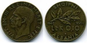 0,10 Lek 阿尔巴尼亚王国 (1939年－1943年) (1939 - 1943) 青铜/铝 维托里奥·埃马努埃莱三世 (1869 - 1947)