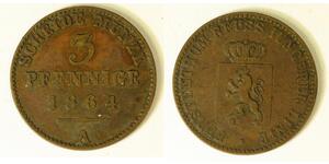 REUSS SCHLEIZ 3 Pfennige 1864A - Copper - Heinrich LXVII. - VF - 482