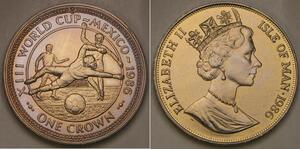 ISLE OF MAN 1 Crown 1986 PM - World Cup Soccer 86 / Player Scoring - aUNC - 672*