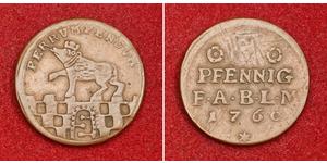  
  1760, Anhalt-Bernburg, Viktor II Friedrich. Copper 3 Pfennig Coin. Tooled VF!  Mint Year: 1760 Reference: KM-38.2. Denomination:  3 Pfennig Condition: Tooled in reverse (removed value numeral ...