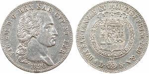 Italie, Savoie-Sardaigne, Victor-Emmanuel Ier, 5 lire, 1820 Turin A/VIC. EM. D. G. REX SAR. CYP. ET IER.. Tête à gauche de Victor-Emmanuel Ier, au-dessous signature A. LAVY et (date). R/DVX SAB.  ...