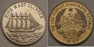 LAOS 10 Kip 1988 - Copper-Nickel - Prussia / Five Mast Clipper - UNC - 767 *