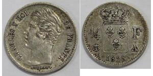 FRANCE 1828 1/4 FRANC KING CHARLES X ROI CROWNED SHIELD SILVER WORLD COIN 