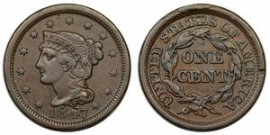 1847 Braided Hair Large Cent, N-28, R4+, extremely rare LDS (d) reverse cud