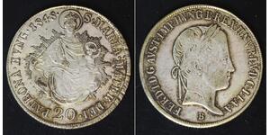 HUNGARY 20 Krajczar 1848 B - Silver 0.583 - Ferdinand V. - VF - 2984