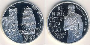 Австрия
100 шиллингов (1997 г.)
Серебро
Император Максимилиан 1832-1867 гг., дворец Miramar, корабль Novard. Номер по Краузе КМ#3046, 900-я проба, 20 г. 34 мм.

