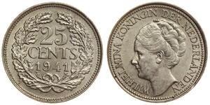 Netherlands - 25 Cents 1941 - Wilhelmina - Silver