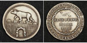  
  1806, Anhalt-Bernburg, Alexius Frederick Christian. Silver 2/3 Thaler Coin. VF-  Mint Year: 1806 Denomination: 2/3 Thaler Reference: KM-72 ($125 in VF!) Condition: Improperly cleaned/polished ...