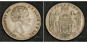  
 
   1845, Kingdom of Denmark, Christian VIII. Large Silver Species Daler Coin. VF      Mint year: 1845   Engravers: Johan Friedrich Freund (FF)  References: Davenport 74, KM-720.2. R!  Conditi ...