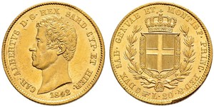 ITALIA Savoia / Sardegna Carlo Alberto, 1831-1849. 20 Lire 1842, Torino. 6.46 g. Nomisma 656. Pag. 195. Mont. 65. Fr. 1142. Rara. Difetto di conio al ciglio del R/ ma esemplare di grande qualità. ...
