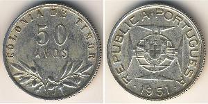 Тимор
50 авос (1951 г.)
Серебро
Номер по Краузе КМ#7, 650-я проба, 3,5 г.
