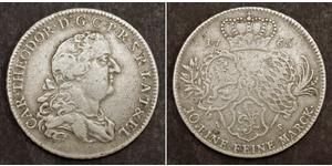  
  1765, Electoral Paletinate (Pfalz), Charles Theodore.  Silver Thaler Coin. VF-  Mint Year: 1765 Denomination: Thaler Reference: KM-415 ($145 in VF!)  Condition: Removed suspension loop at 12  ...