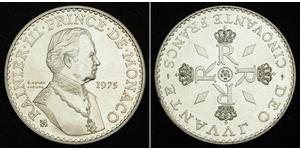  
  1975, Principality of Monaco,  Rainier III. Large Silver 50 Francs Coin. 30gm!     Mint Year: 1975  Mint Place: Paris  Mintage: 7,500 pcs.   Reference: KM-152.2 ($80 in UNC!).  Condition: Min ...