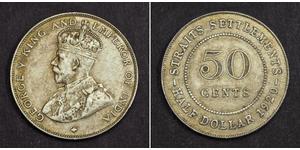  
   1920, Straits Settlements, George V.  Silver  50 Cents (½ Dollar) Coin. XF-  Mint Year: 1920 References: KM-35.1. Denomination: 50 Cents  Condition: Minor deposits, scratches, otherwise XF!  ...