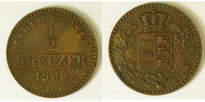 WURTTEMBERG (German State) 1/2 Kreuzer 1866 - Copper - Karl I. - VF - 295