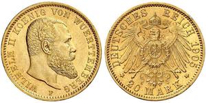 20 Mark Reino de Wurtemberg (1806-1918) Oro Wilhelm II, German Emperor (1859-1941)