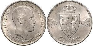 50 Ore Noruega (1905 - ) Plata Haakon VII de Noruega (1872 - 1957)