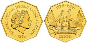 NIEDERLÄNDISCHE ANTILLEN Juliana 1948-1980. 200 Gulden 1976. Andrea Doria. 8.04 g. Fr. 1. Polierte Platte / Proof.