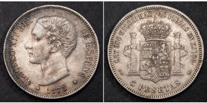  
  1875, Kingdom of Spain, Alfonso XII. Large Silver 5 Pesetas Coin. XF-AU!  Mint Year: 1875  Reference: KM-671.  Denomination: 5 Pesetas  Mint Place: Madrid (DE-M)   Condition: Peripherial toni ...
