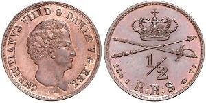 Ausländische Münzen und Medaillen Dänemark Christian VIII. 1839-1848. Cu 1/2 Skilling 1842 VS. Hede 12. Prachtexemplar von schönster Erhaltung. Herrliche Patina. Stempelglanz
