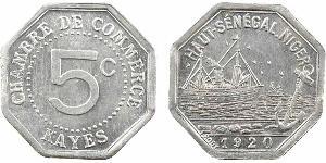 Haut-Sénégal et Niger, Kayes, 5 centimes Chambre de commerce, 1920 A/CHAMBRE DE COMMERCE// KAYES. Au centre : 5 C. R/HAUT-SÉNÉGAL. NIGER. Bateau arrivant au port, à l'exergue : (date) et signatur ...