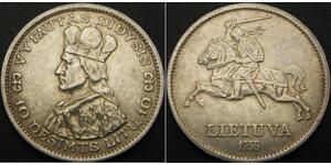 LITHUANIA 10 Litai 1936 - Silver .750 - Vytautas - XF - 1564 