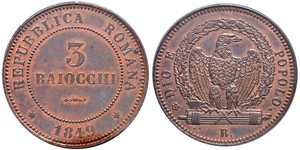 ITALIA Bologna Repubblica Romana, 1848-1849. 3 Baiocchi 1849, Bologna. Pag. 260. Mont. 71. Rara. Conservazione eccezionale in rame rosso e fondi speculari, in slab PCGS 65 RB 