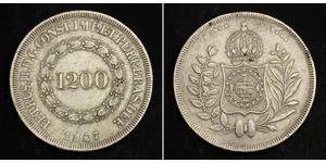  
 
   1847, Brazil, Pedro II. Scarce Large Silver 1200 Reis Coin. Last Date of Type!  Mintage: 10,000 pcs.   Denominations: 1200 Reis  Mint Place: Rio de Janeiro   Reference: KM-454. Rare!   Min ...
