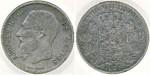 Бельгия
5 франков (1871 г.)
Серебро
Леопольд II. Номер по Краузе КМ#24, 900-я проба, 25 г.
