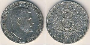 Рейсс-Грейц
3 марки (1909 г.)
Серебро
A. Генрих XXIV. Номер по Краузе КМ#130, 900-я проба, 16,667 г.
