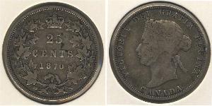 Канада
25 центов (1870 г.)
Серебро
Королева Виктория. Номер по Краузе КМ#5, 925-я проба, 5,81 г.
