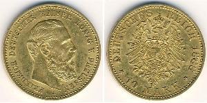 Пруссия
10 марок (1888 г.)
Золото
Фридрих III. Номер по Краузе КМ#514, 900-я проба, 3,982 г.
