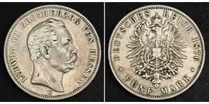  
 
   1876, Hesse-Darmstadt (Grand Duchy), Enest Louis. Large Silver 5 Mark Coin. R!   Mint Date: 1876  Mintage: 290,450 pcs.  Denomination: 5 Mark.   Reference: Jaeger 67, KM-353 ($100 in F / $ ...