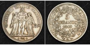  
  1849, France (2nd Republic). Beautiful Large Silver 5 Francs Coin. Lustre AU++  Mint year: 1849 Mint Place: Paris (A) References: KM-756.1. Denomination: 5 Francs Condition: Minor contact-mar ...