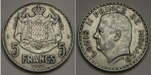 MONACO 5 Francs 1945 - Aluminum - Louis II. - VF+ - 1957 *