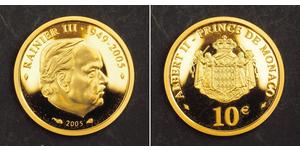  
  2005, Monaco, Rainier III. Proof Gold 10 Euro Coin. (3.22gm!) 3,313 pcs Sruck!  Mint Year: 2005 Mint Place: Paris Mintage: 3,313 pcs. Reference: KM-187.  Denomination: 10 Euro Condition: A ni ...