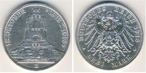 Саксония
3 марки (1913 г.)
Серебро
100-летие битвы при Лейпциге. Фридрих Август III. Номер по Краузе КМ#1275, 900-я проба, 16,667 г.
